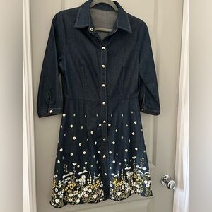 Floral Embroidered Denim Women’s Dress - Blue and 🌼